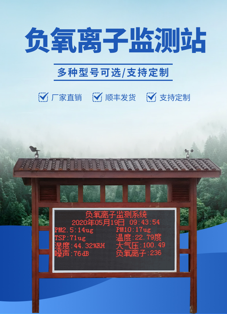 景区大屏负氧离子监测站-实时显示监测数据，将负氧离子可视化